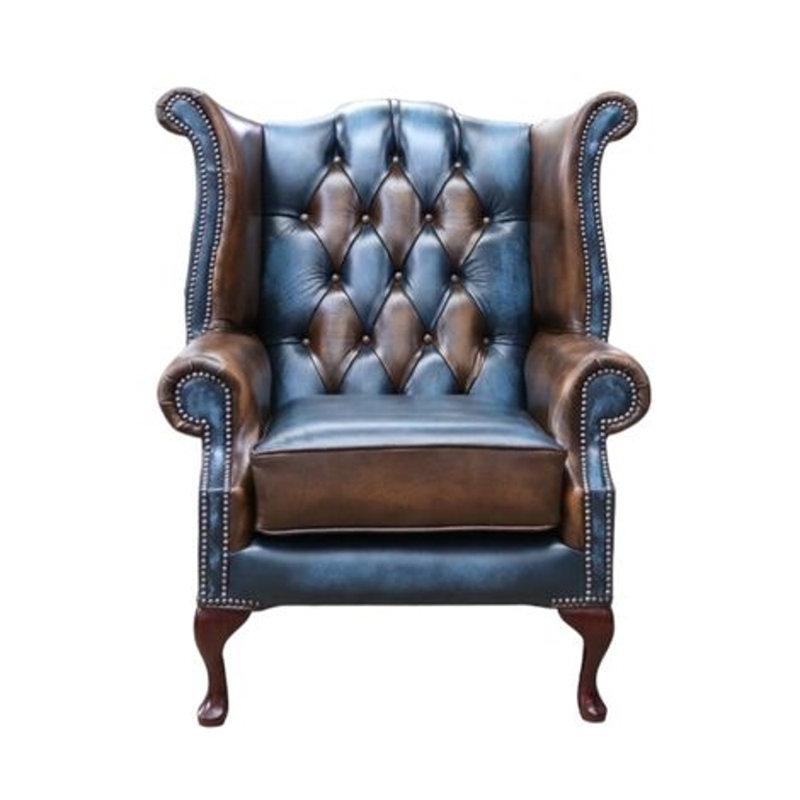 1 Seater Genuine Leather Loveseat, Walnut, Brown/Blue