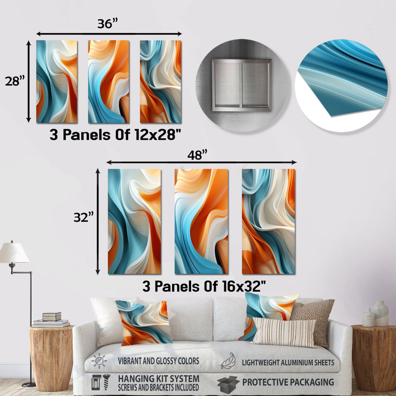 «Blue and Orange Fractal Curves In Motion I», ensemble de 3 impressions murales en spirale abstraites en métal