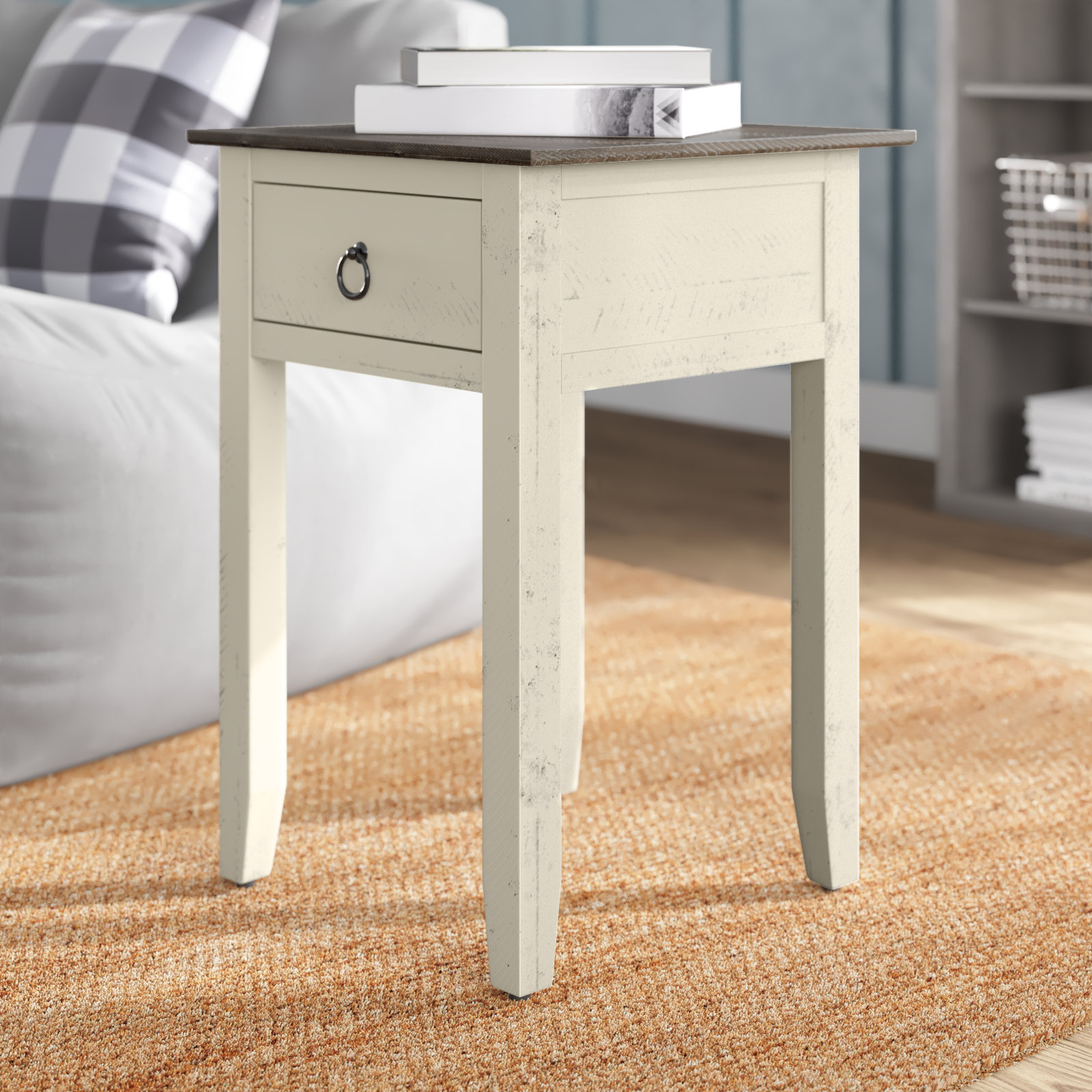 Keralup Farmhouse Distressed Pine End Table Antique Blue Longshore Tides Table Top Color Dark Brown Table Base Color Antique White