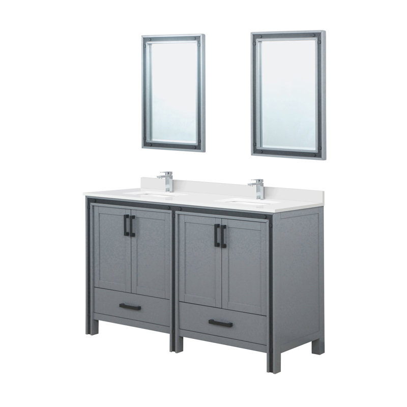 Meuble-lavabo double gris foncé l 60 po x P 22 po, comptoir en quartz blanc, ensemble de robinet et miroirs 22 po