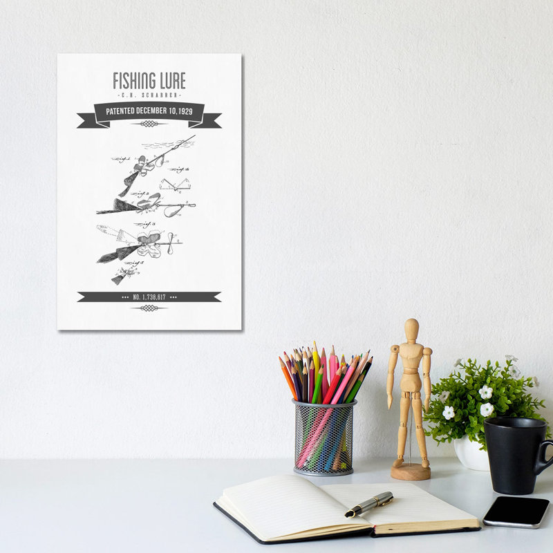 C.H. Scharrer Fishing Tackle Patent Sketch Retro (Charcoal) by Aged Pixel - Wrapped Canvas Gallery-Wrapped Canvas Giclée