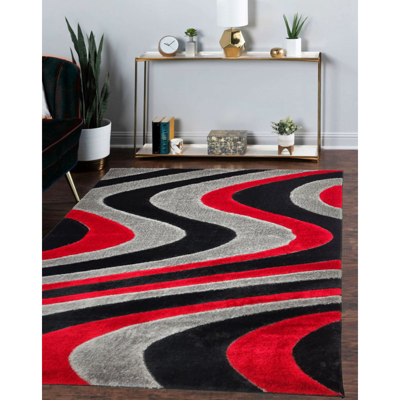 Tapis à poils longs rouge et noir, Rectangle 5 pi 2 po x 7 pi 2 po