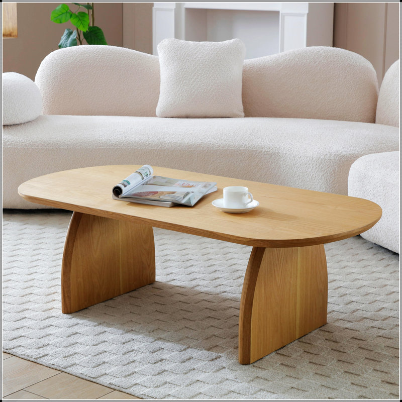 Table basse ovale de 47,24 pouces avec placage en bois massif, centre de table moderne en bois naturel pour le salon