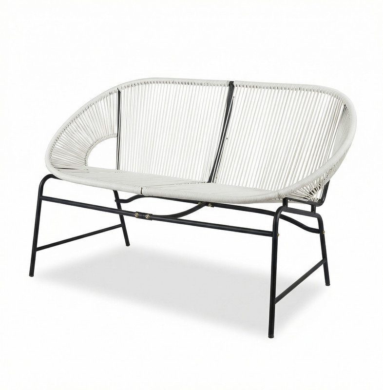 OUTDOOR PATIO WICKER LOVE SEAT, WHITE PE RATTAN & IRON FRAME, SET OF 1
