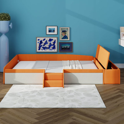 Velvet Upholstered Daybed With Stairs & Gas Lift Storage Ottoman,Contrast Color & Padded Guardrails