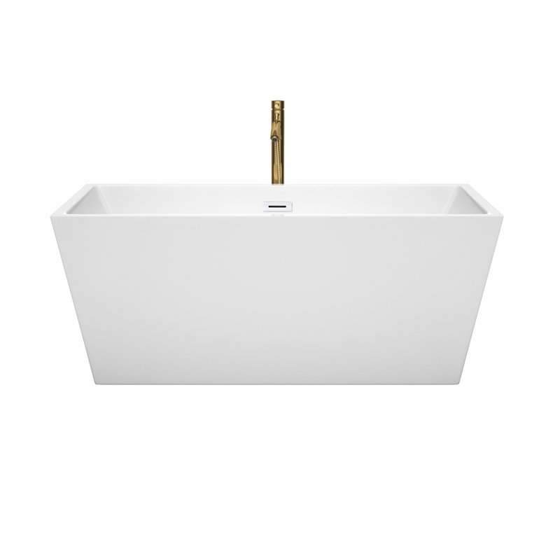 Baignoire de trempage autoportante en acrylique avec robinet 59 po. X 32 po. Sara, Blanc / blanc brillant / or brossé