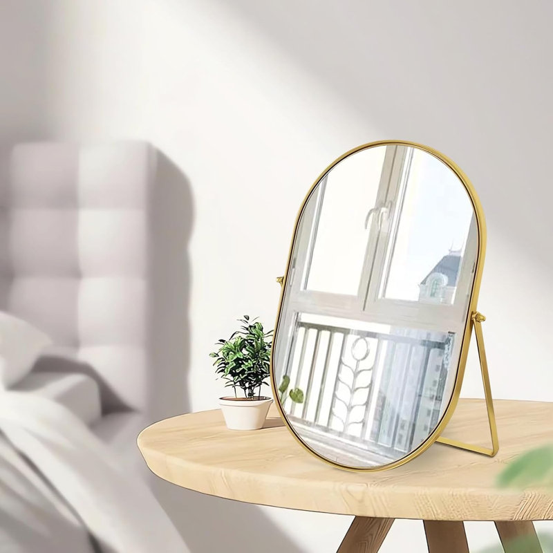 Miroir de table de salle de bain Miroir de maquillage ovale à rotation réglable à 90 ° avec cadre en métal doré Miroirs sur pied pour salle de bain