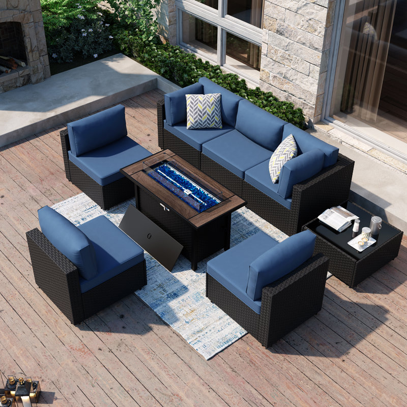  Emanie 6 - Person Outdoor Rattan Patio Set with Fire Pit Table, Black, Navy Blue