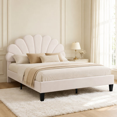 Lit plateforme tapissier avec tête de lit en velours floral Tayveion