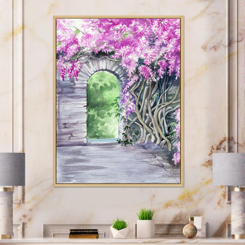 «Wisteria Blossoming Garden Over Garden Entrance», peinture sur toile, H 40 po x l 30 po, Toile avec cadre en érable