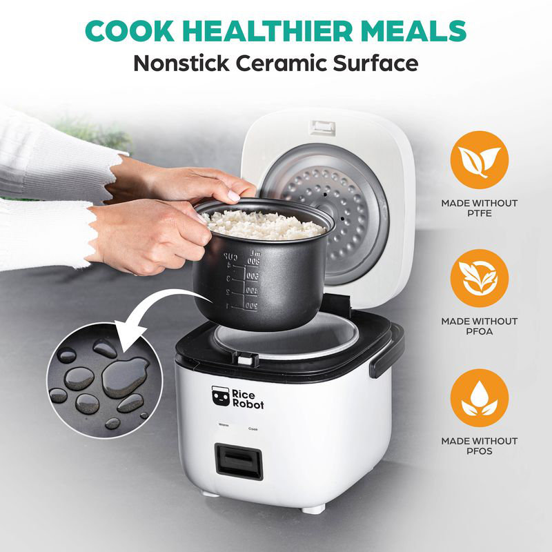Compact White Electric Rice Cooker with Nonstick Pot and Steamer