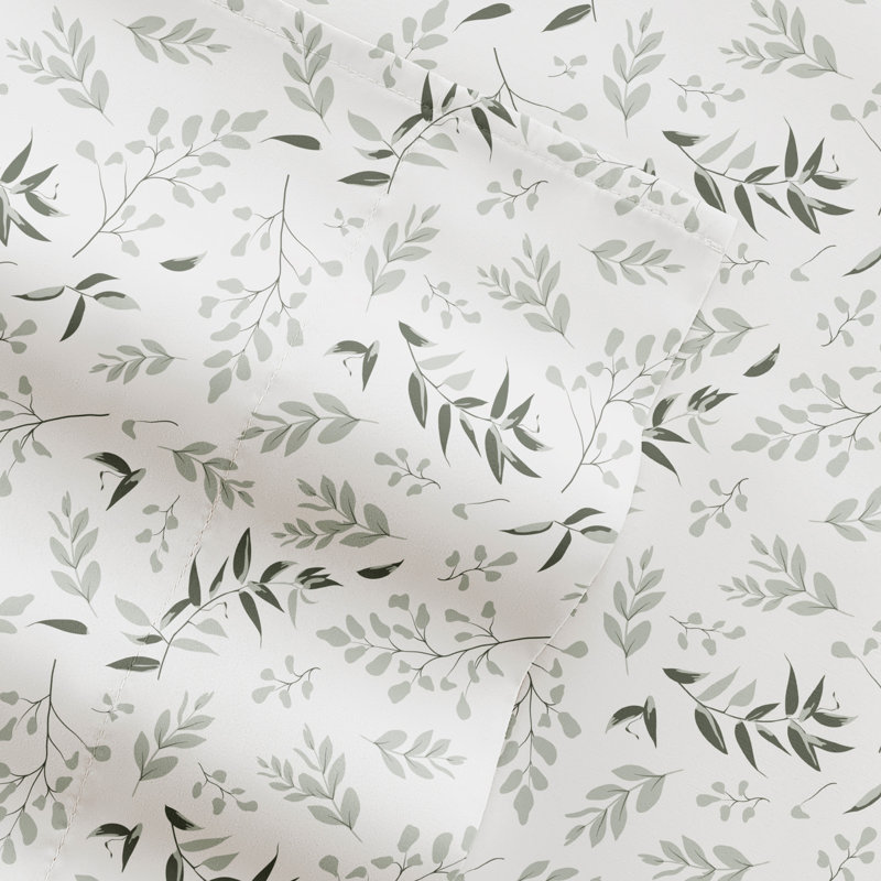 4 Piece Sheet Set Patterned Microfiber Ultra Soft Bedding in Floral Dream, Full, Tossed Foliage Eucalyptus
