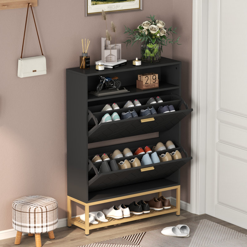 20 Pair Shoe Storage Cabinet with 2 Flip Drawers, Black