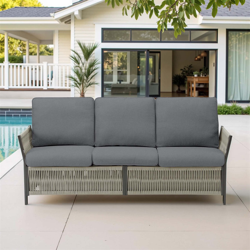 73.6-Inch Outdoor Patio Sofa, 3-Seat Rattan Couch With Gray Cushions For Balcony Or Porch