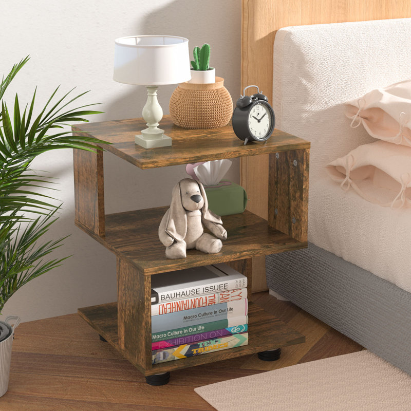 Table de chevet cubique à 3 niveaux, table de bout asymétrique en bois manufacturé avec patins anti-rayures, table de chevet en bois naturel pour petites chambres