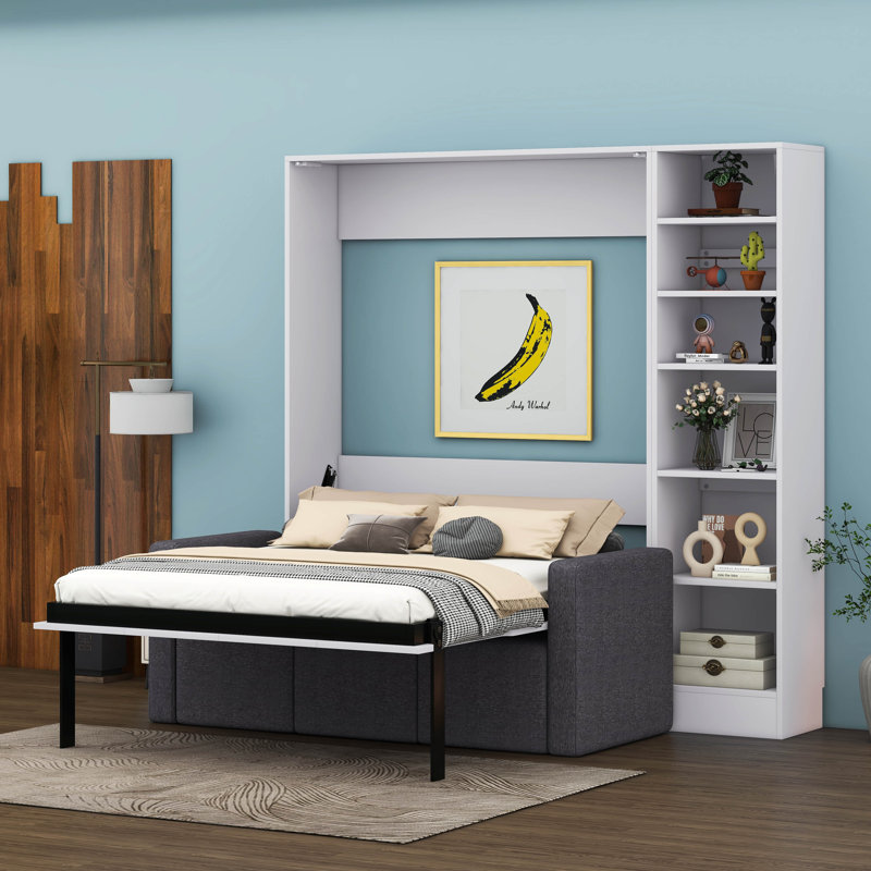 Lit escamotable Verlina avec canapé et tablettes, Double