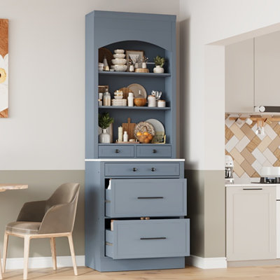 Modern 83.7Inch High Kitchen Pantry, Freestanding Tall Kitchen Hutch With Faux Marble Top, Display Cupboard Cabinet With 5 Storage Drawers And Adjustable Shelf, Gray