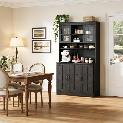 71 Inch Tall Pantry Cabinet with Charging Station Kitchen Storage Cabinet with Hutch and Glass Doors