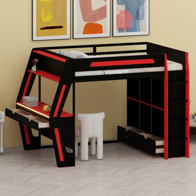 Gaming Loft Bed with Integrated Desk, Smart RGB LED Lights, USB Ports, Storage Drawers and Safety Staircase