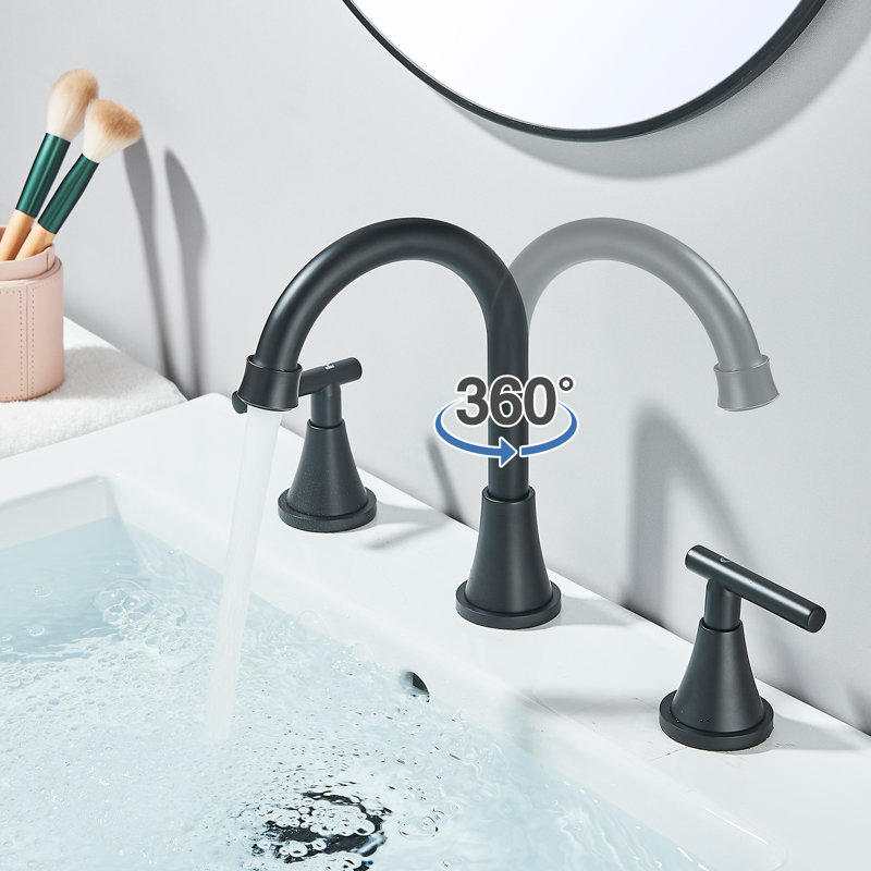 Matte Black Three-Hole Bathroom Sink Faucet, Two-Handle Bathroom Mixer Faucet, 360-Degree Swivel Spout, with Pop-Up Drain Plug