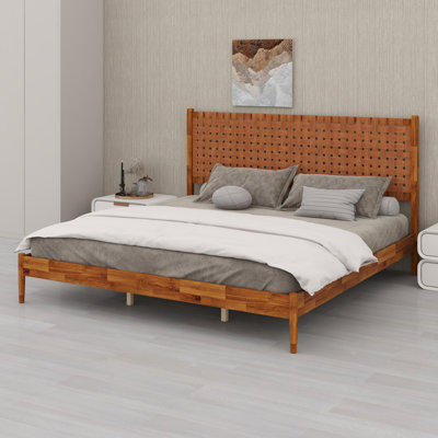 Stylish Platform Bed Equipped with Hand‑Woven Vegan Leather Headboard