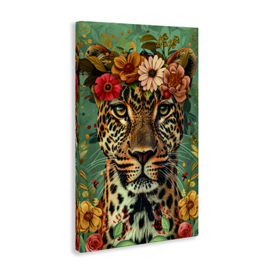 Art floral sur toile guépard couronné floral, design par LSR Design Studio
