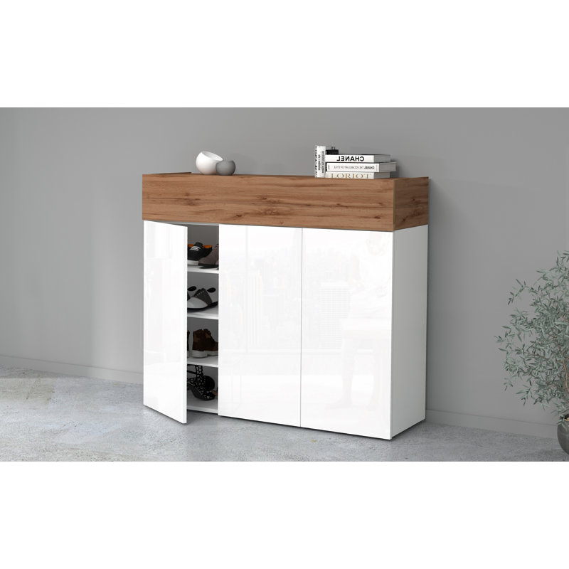 24 Pair Shoe Storage Cabinet, White/Brown Wood