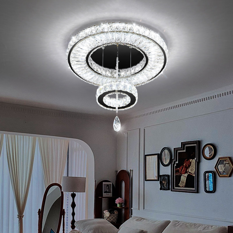 Lustre rond en cristal à deux niveaux, Matte Black
