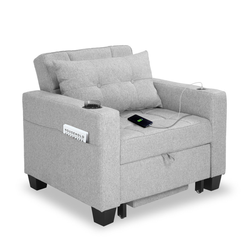 Latitude Run Linen Single Pull-out Sofa Bed 3 in 1 Convertible Chair, Light Grey
