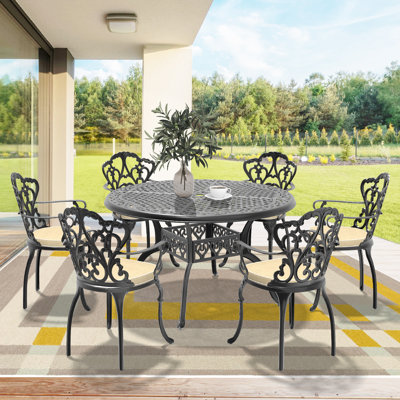 Ensemble de salle à manger d'extérieur rond 6 personnes 48,03 po avec trou pour parasol, 6 fauteuils, coussins beiges