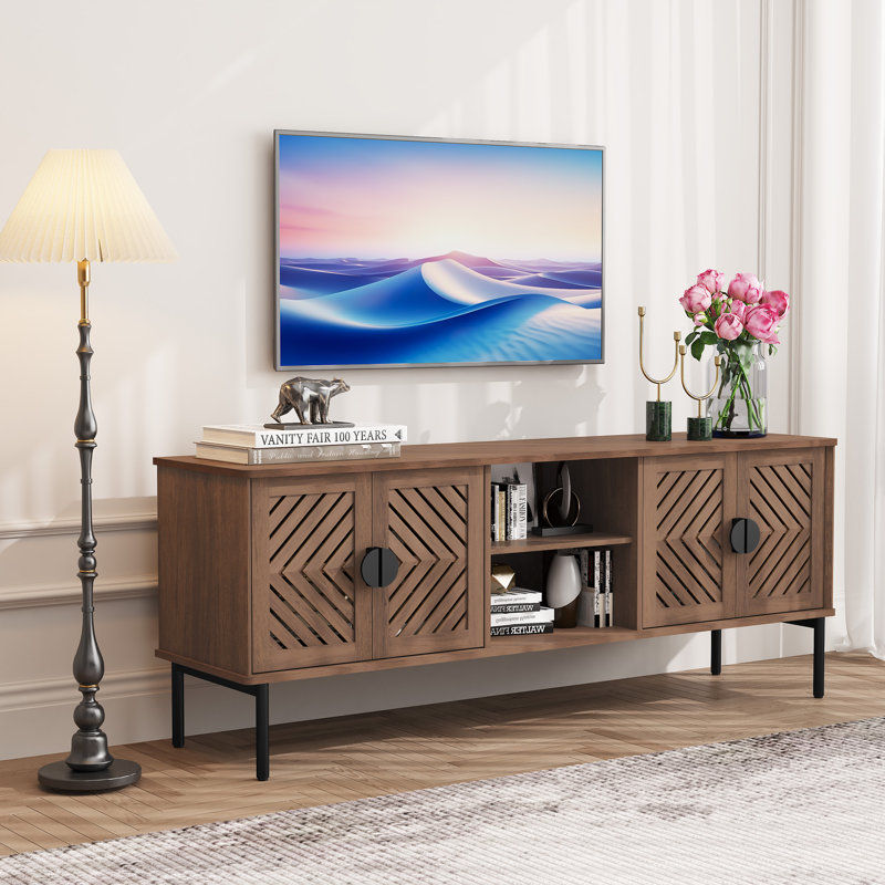Meuble télé 63 po avec tablettes à 2 couches, Brun