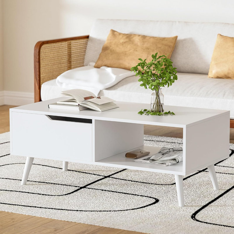 White Mid Century Modern Coffee Table with Drawer & Shelf, 39'' Wooden