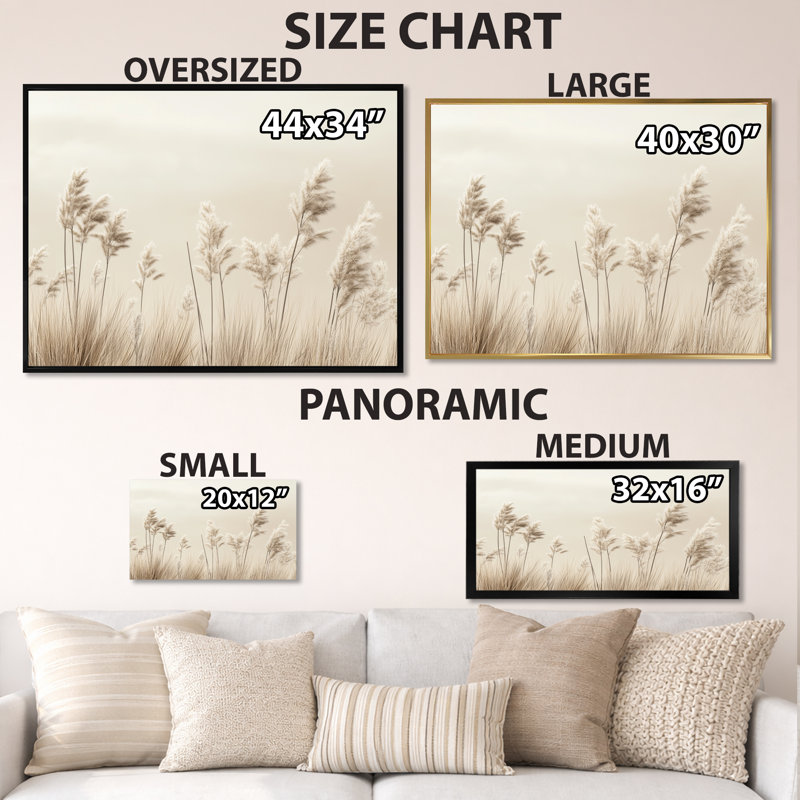 «Minimal Grass Horizon Meadows II», art mural beige, H 16 po x l 32 po, White Picture Framed