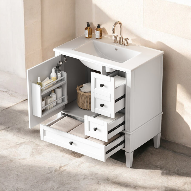 Meuble-lavabo simple autoportant de 30 po avec plateau en céramique, assemblage requis, Blanc