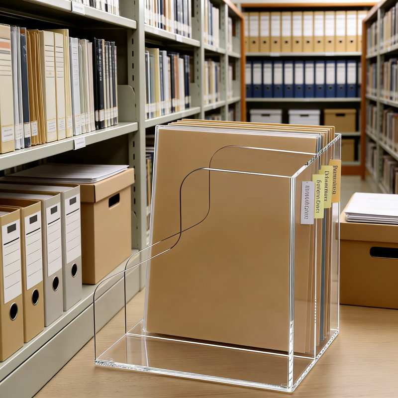 Organisateur de dossiers en acrylique transparent avec 3 compartiments verticaux, un magazine robuste et un porte-documents pour l'organisation de bureau à la maison, au bureau ou à l'école