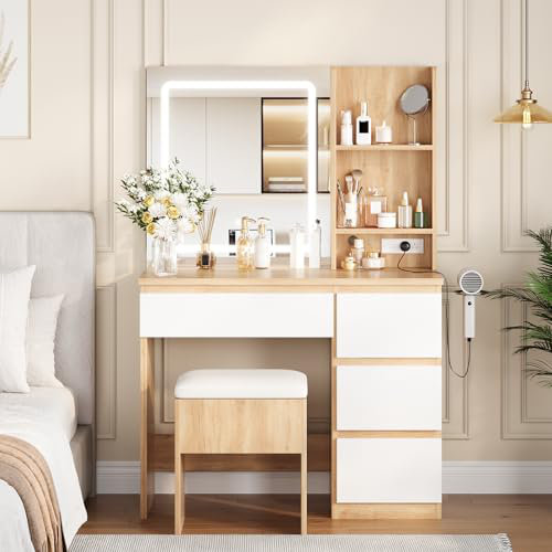 Vanity Desk with Mirror and Lights - Modern Makeup Dressing Table with Outlets, Storage Stool, 4 Drawers & Hair Dryer Holder