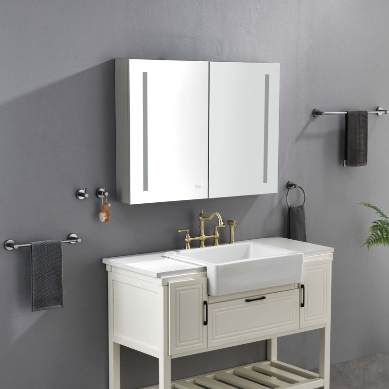 Armoire à pharmacie 40 po x 30 po à DEL avec miroir, douilles, à intensité variable et anti-buée