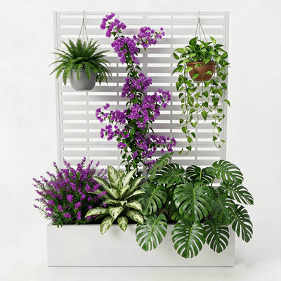 Jardinière surélevée en métal avec treillis et brise-vue – 178 x 114 x 38 cm (70,1 x 45 x 15 po), galvanisée, trous de drainage, idéale pour les plantes grimpantes et les fleurs. Design en treillis à mailles larges, blanche, sans roulettes. Dimensions : 183 x 119 x 41 cm (72 x 47 x 16 po).