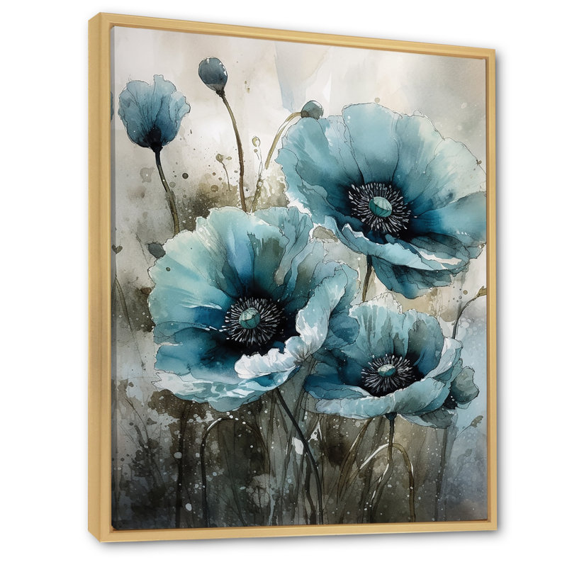 Fleurs de pavot bleu pâle et blanches II sur toile, Cadre naturel flottant, H 44 po x l 34 po x P 1,5 po