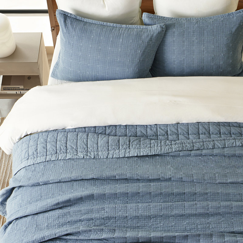 Stonewashed Crinkle Cotton Box Stitch Quilt Set, Sonoma Blue, King Quilt + 2 King Shams