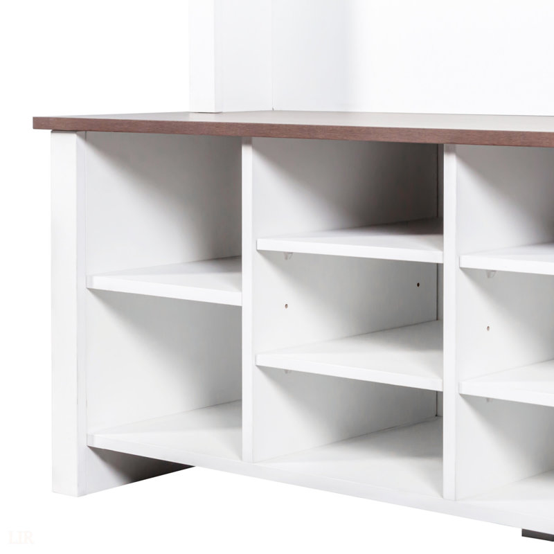 Farmhouse 4-In-1 Hall Tree With 6 Hooks, Adjustable Shelves, And 16 Compartments For Entryway Storage, White