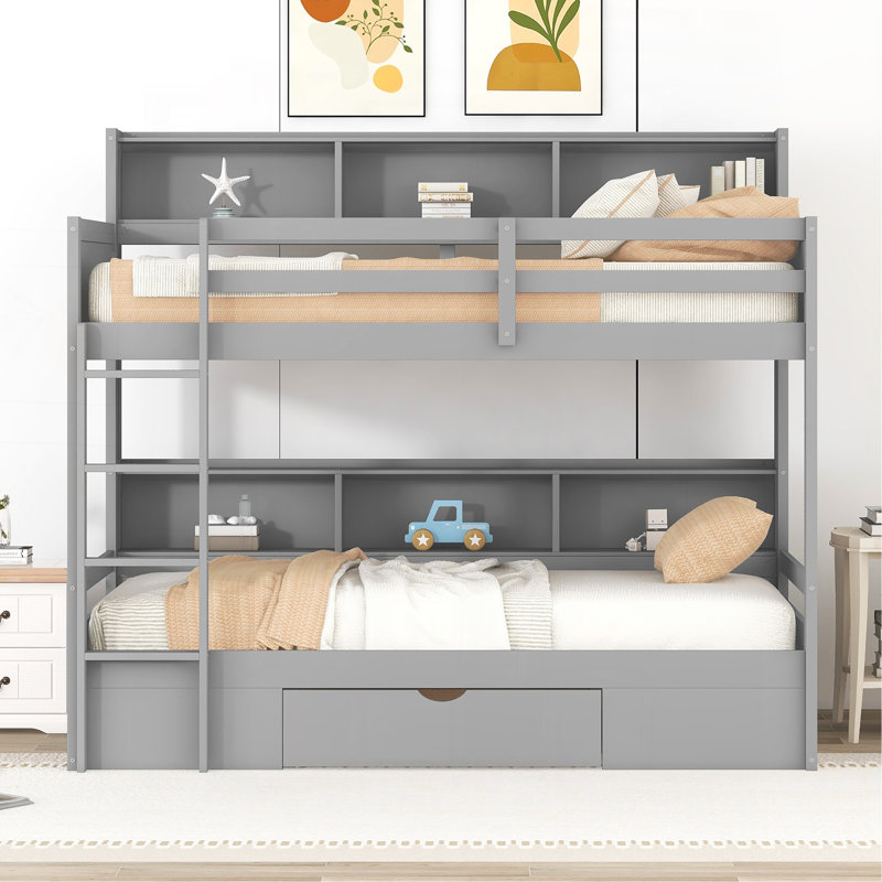 Lit superposé simple avec tablettes intégrées à côté des lits supérieur et inférieur et tiroir de rangement