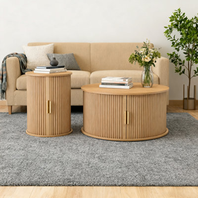 Round Nesting Coffee Table Set Of 2,Mid-Century End Table Set Fluted With Sliding Tambour Door by Corrigan Studio