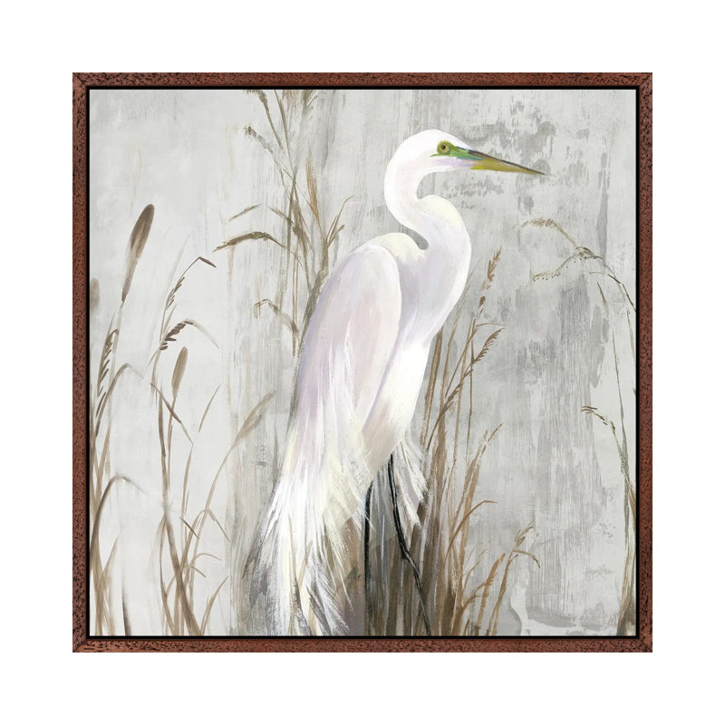 Heron In The Reeds by Aimee Wilson - Painting on Canvas, Classic Brown Wood Framed, 93.98 cm H x 93.98 cm W