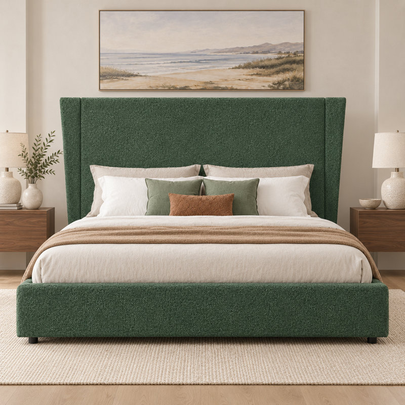 Base de lit tapissier avec tête de lit arrondie 51,4 po Hayden, Très grand californien, Vert