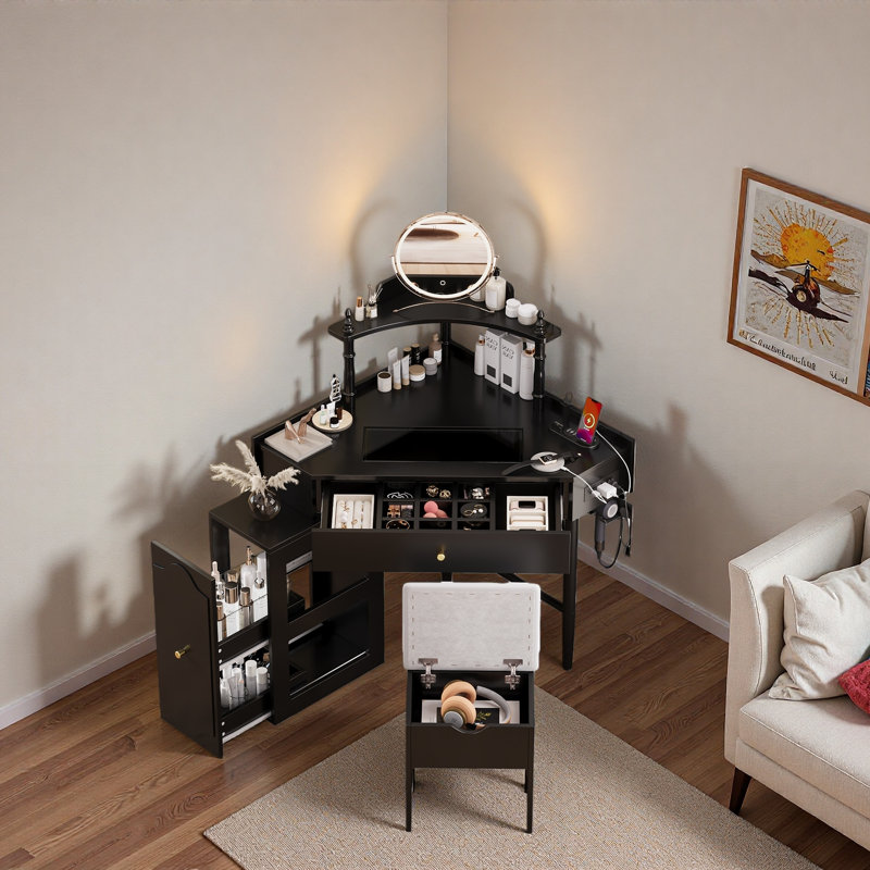 Bureau de coin de coiffeuse avec station de charge, armoire latérale amovible, plateau de table en verre, tiroir, tablette et tabouret de rangement rembourré