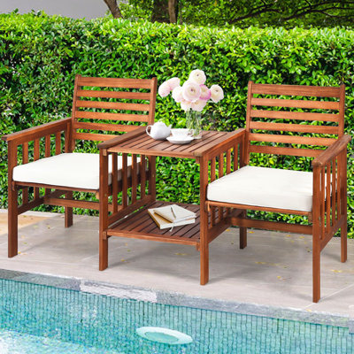 3 Pieces Wooden Table Chairs Set With Cushions Acacia Wood Loveseat With Table