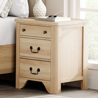 Farmhouse Wood Nightstand With Built-In Charging Station,3-Drawer End Table For Bedroom, Living Room,Entryway