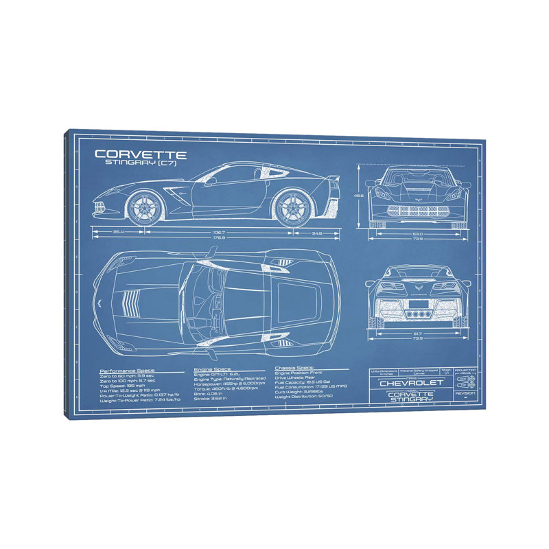 «Corvette (C7) Stingray Blueprint» par Action Blueprints, impression sur toile tendue, H 12 po x l 18 po x 1,5 po