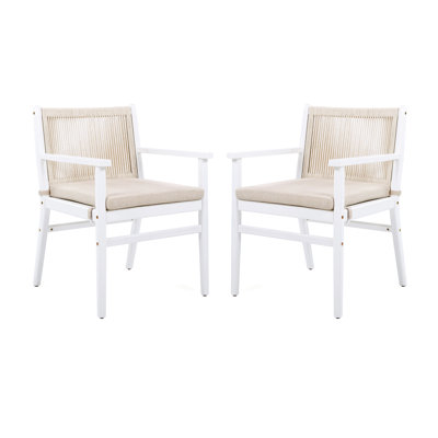 Chaise de salle à manger d'extérieur 2 pièces, fauteuil en bois avec dossier en corde, coussin d'eau, structure blanche, support de poids de 400 lb, housse de coussin amovible, siège ergonomique facile à nettoyer, pour patio d'extérieur